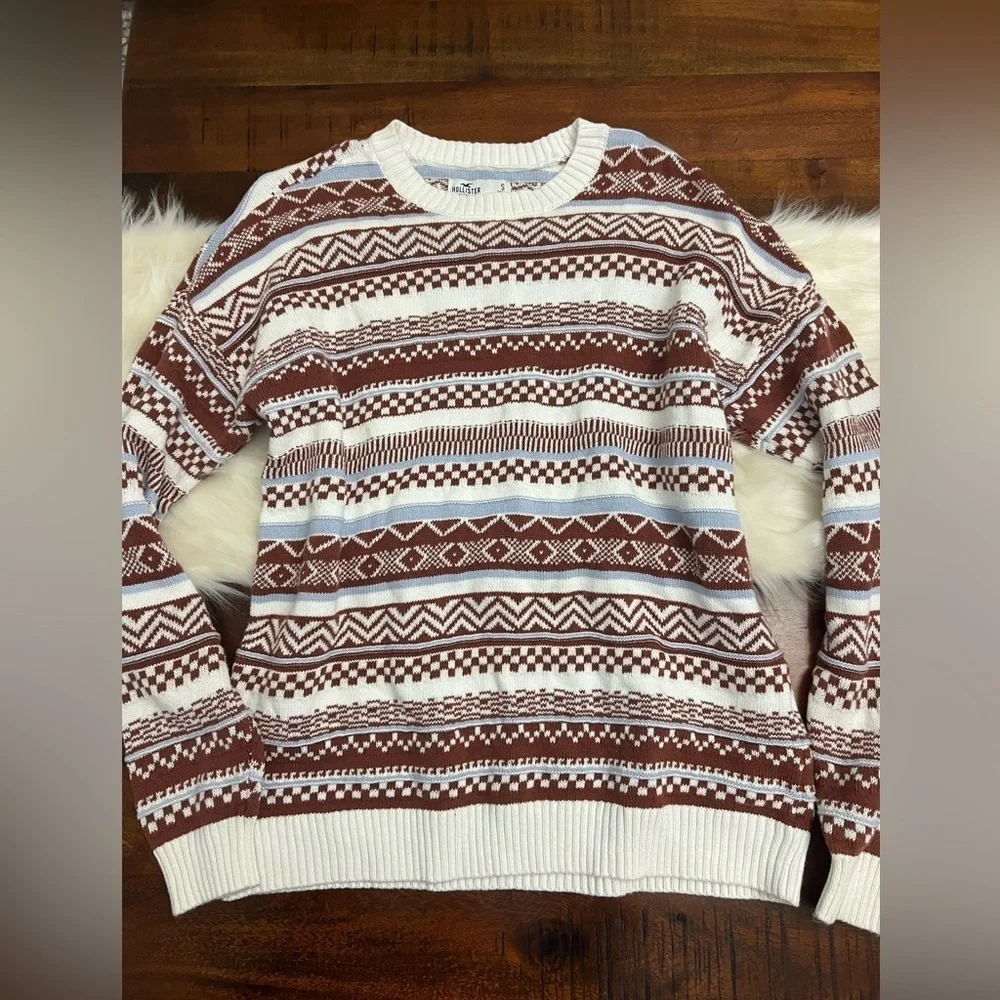 Hollister Women’s Sweater Small Brown White Fair Isle Knit 100% Cotton Nice
